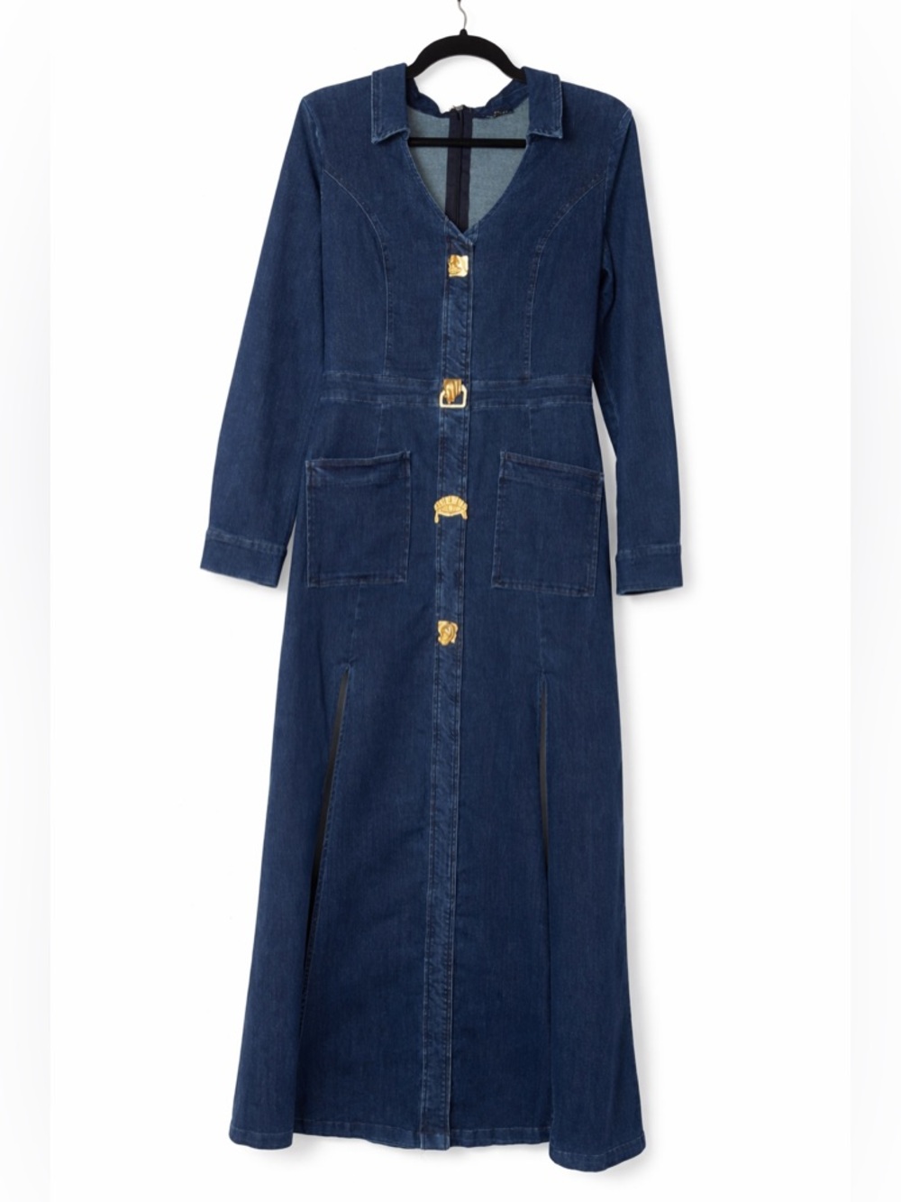 Indigo Denim Maxi Dress w/ Gold Buttons | Tailored Fit | Chic Luxe - Picture 3 of 16